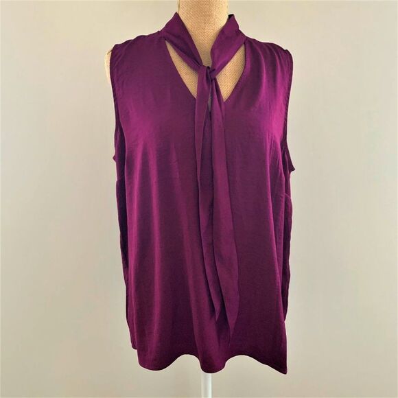 Banana Republic Women Top Petite Size PL Purple Tie Collar Sleeveless Office - Picture 2 of 8